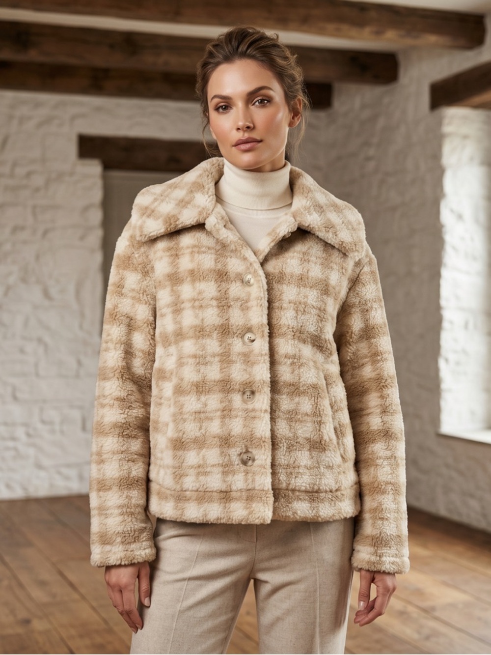 Blu Pepper Cream Plaid Teddy Jacket Cozy Meets Classic Cropped Boxy Silhouette